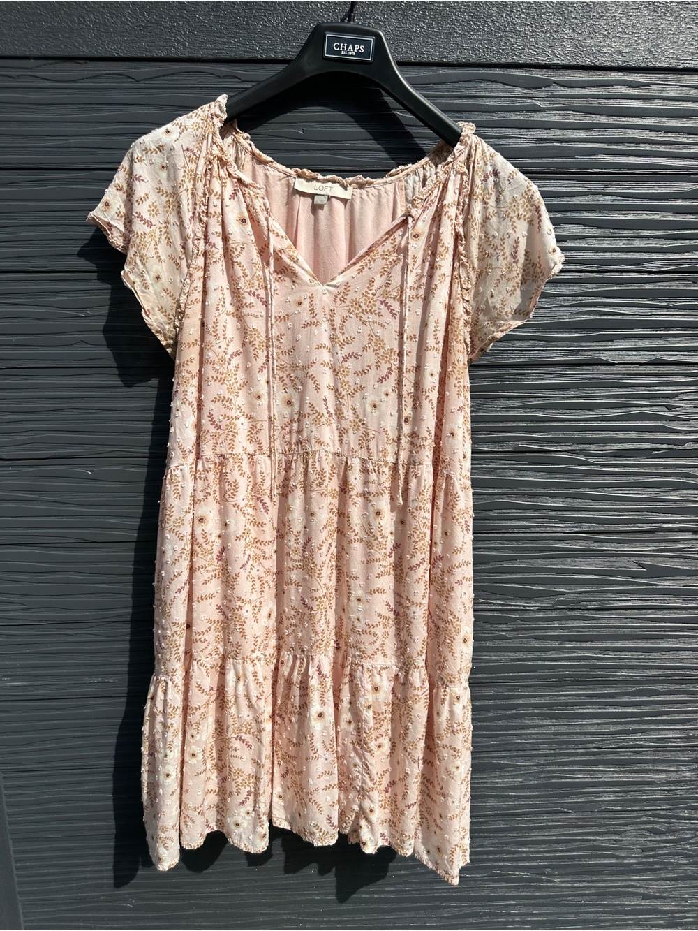 LOFT Blush Pink Floral Tiered Mini Dress Size Large Boho Peasant